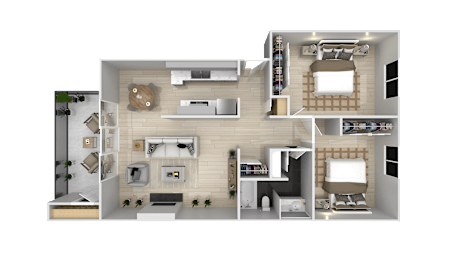 A 3D floor plan of a house showing a kitchen, living room, two bedrooms, and a bathroom.