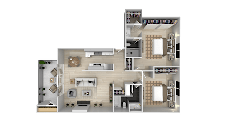 A 3D rendered image of a house layout.