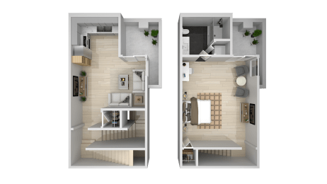 a rendering of the interior of a house and a floor plan