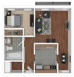 A top-down view of a small apartment with a kitchen, living room, and bathroom.