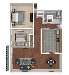 A floor plan of a small apartment with a kitchen, living room, and bathroom.