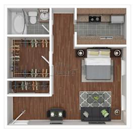 A top-down view of a small apartment with a bed, shoe rack, and a small kitchenette.