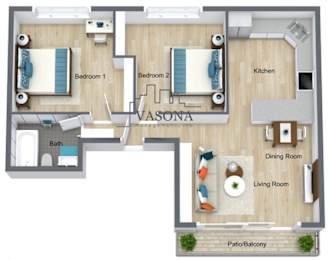 A floor plan of a Vasona apartment with two bedrooms, a bath, a kitchen, a dining room, a living room, and a patio/balcony.