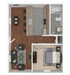 A floor plan of a room with a kitchen, living room, and bathroom.