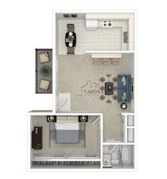A floor plan of a room with a bed, a desk, and a chair.