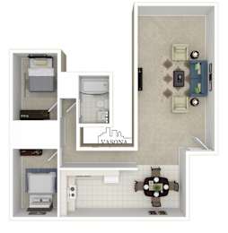 A floor plan of an apartment with a kitchen, living room, and bathroom.