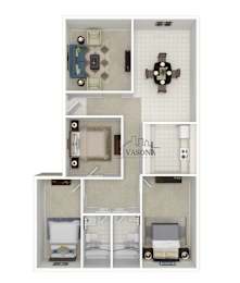 A floor plan of an apartment with a kitchen, living room, dining room, and bathroom.