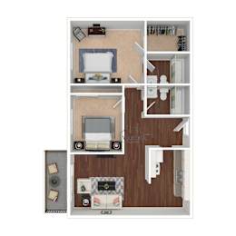 A top-down view of a small apartment layout with a living room, kitchen, and bedroom.