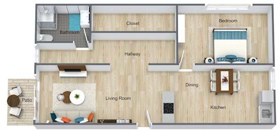 A floor plan of a house with a living room, dining room, kitchen, bedroom, bathroom, and hallway.