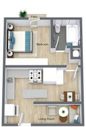 a stylized floor plan of a bedroom with a bathroom and living room