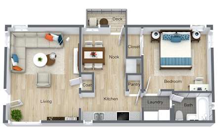 A floor plan of a small apartment with a living room, kitchen, pantry, laundry, bedroom, and bathroom.