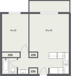 a floor plan of a unit with a bedroom and a living room