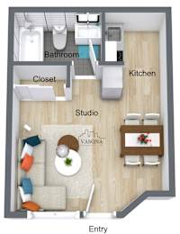 A floor plan of a studio apartment with a bathroom, kitchen, and living room.