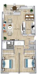 A floor plan of a house with two bedrooms, a living room, a kitchen, a dining room, a bathroom, a dressing area, and a storage space.