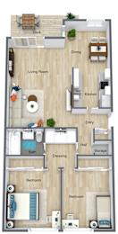 A floor plan of a small apartment with a living room, kitchen, two bedrooms, a bathroom, and a deck.