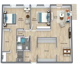 a stylized floor plan with a bedroom and a living room