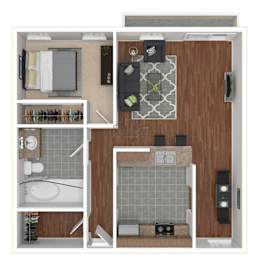 A top-down view of a bathroom layout with a bathtub, toilet, sink, and a mirror.