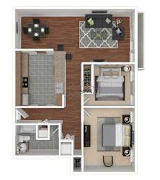 A floor plan of a small apartment with a kitchen, living room, and two bedrooms.