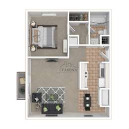 A floor plan of a room with a living area, dining area, kitchen, and bathroom.