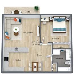 A floor plan of a VASONA apartment showing a living room, dining area, kitchen, bedroom, bathroom, and closet.