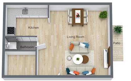 A top-down view of a living space with a kitchen, bathroom, and living room.