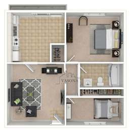 A floor plan of a small apartment with a kitchen, living room, and bathroom.