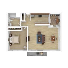 a stylized floor plan with a bedroom and a living room