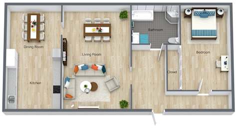 A floor plan of a small apartment with a kitchen, living room, and bedroom.