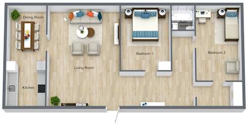 A floor plan of a house with a dining room, living room, kitchen, and two bedrooms.