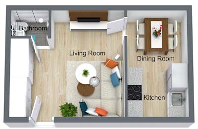 A top down view of a small apartment with a living room, dining room, kitchen and bathroom.