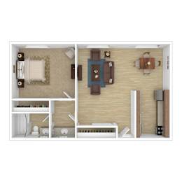 a stylized floor plan with a bedroom and a living room