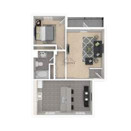 A floor plan of a small apartment with a kitchen, living room, and bathroom.