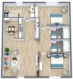 A floor plan of a house with a living room, dining room, kitchen, and two bedrooms.