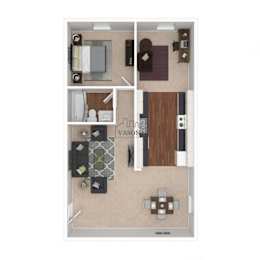 A floor plan of an apartment with a kitchen, living room, and two bedrooms.