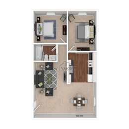 A floor plan of a room with a kitchen, living room, and bathroom.