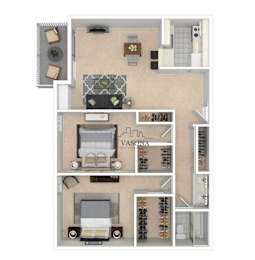 A floor plan of a Vasona apartment with a living room, kitchen, and two bedrooms.