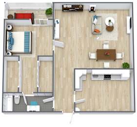 A top-down view of a modern apartment layout with a kitchen, living room, and bathroom.