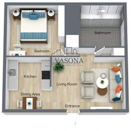 A floor plan of a Vasona apartment showing a bedroom, living room, kitchen, dining area, and bathroom.