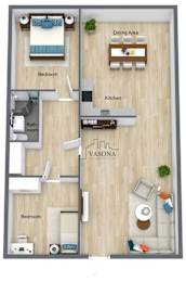 A floor plan of a residence with a dining area, kitchen, and two bedrooms.