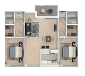 A floor plan of a small apartment with a kitchen, living room, and two bedrooms.