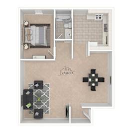 A floor plan of a room with a kitchen, living room, and bathroom.