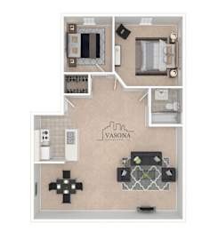 A floor plan of a Vasona home with a kitchen, living room, dining room, and bathroom.