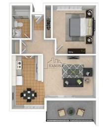 A floor plan of a Vasona home with a kitchen, living room, and bathroom.
