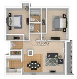 A floor plan of an apartment with a kitchen, living room, and two bedrooms.