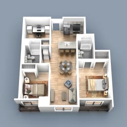 a 3d floor plan of a living room and dining room