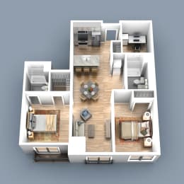 a 3d rendering of a floor plan with 3 bedrooms and a living room