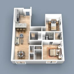 a 3d floor plan of an apartment with 2 bedrooms and living room and 2 bathrooms