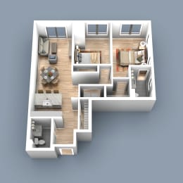 a 3d rendering of an apartment with 2 bedrooms, living room, corner of building