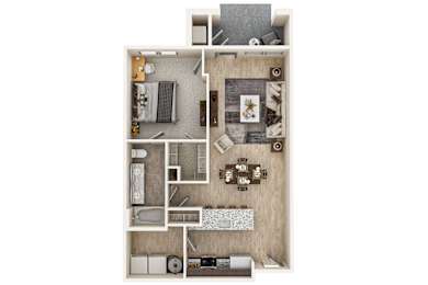 a stylized floor plan with a bedroom and a living room