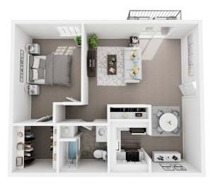 A 3D floor plan of a small apartment with a kitchen, living room, and bathroom.